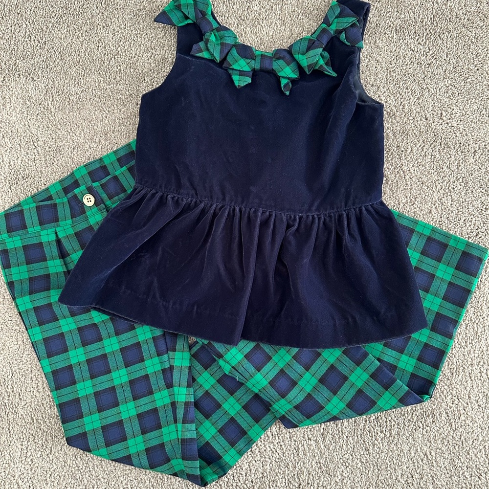 Janie and Jack Velvet Bow Top & Plaid Pants Set – Size 7